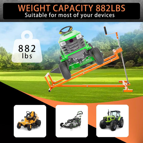 Livoccur Lawn Mower Lift Jack Heavy Duty Platform 882 Lbs Capacity For Garden Tractors, lifting a green mower on grass.