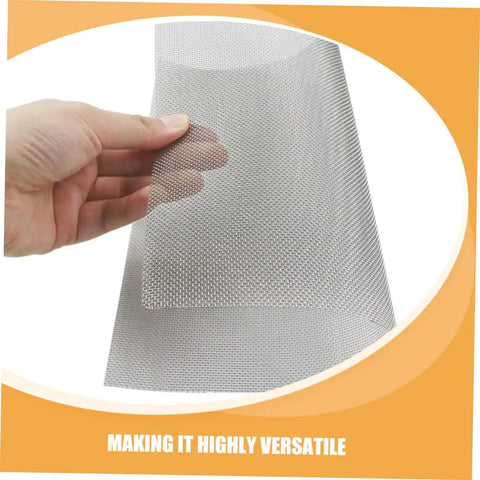 Hand holding a piece of stainless steel mesh from 4 Piece Quick Bumper Repair Mesh Kit, Stainless Steel Car Bumper Protector Mesh For Your Ride Auto Body Maintenance, Multi Purpose Metal Screen Patch For Bumpers And Other Car Parts, Durable Pro Grade Automotive Repair Tool.