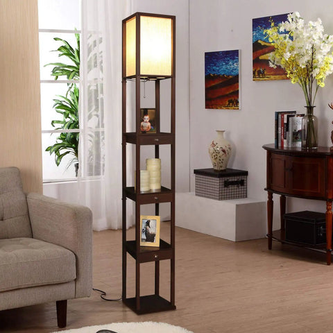 Maxwell Drawer Edition Shelf Floor Lamp With Drawer For Corner Display In Living Room Bedroom And Office Havana Brown Finish Warm White LED Bulb Energy Saving Long Lasting Modern Dope Space Saver For Any Room
