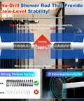Heavy Duty Adjustable Tension Shower Curtain Rod With Dual End Springs And 3 Inch Non Slip Pads, tension spring highlighted