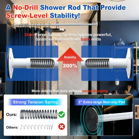 Heavy Duty Adjustable Tension Shower Curtain Rod With Dual End Springs And 3 Inch Non Slip Pads, tension spring highlighted