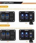 2 Gang Rocker Switch Panel All In One With Dual USB Charger And Volt Meter Waterproof 12V 24V DC For Cars Trucks Boats RVs Marine Outdoor Use Night Glow Stickers, blue LED on/off view