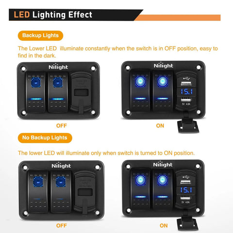 2 Gang Rocker Switch Panel All In One With Dual USB Charger And Volt Meter Waterproof 12V 24V DC For Cars Trucks Boats RVs Marine Outdoor Use Night Glow Stickers, blue LED on/off view