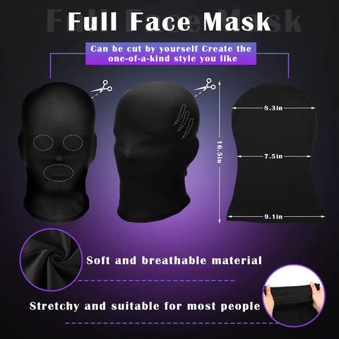 Premium Dope Black Full Face Mask and Stretchy Gloves Set for Halloween Cosplay Party Vibe Soft Polyester Trick Or Treat Badass Sinister Fit Gear Bundle, black mask with cuttable design, 16.5in long.