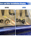 Before and after installation of Tough As Nails Stainless Steel License Plate Screw Kit, showing rusty screw replaced with sleek black cap.