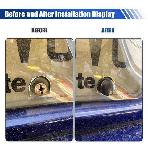 Before and after installation of Tough As Nails Stainless Steel License Plate Screw Kit, showing rusty screw replaced with sleek black cap.