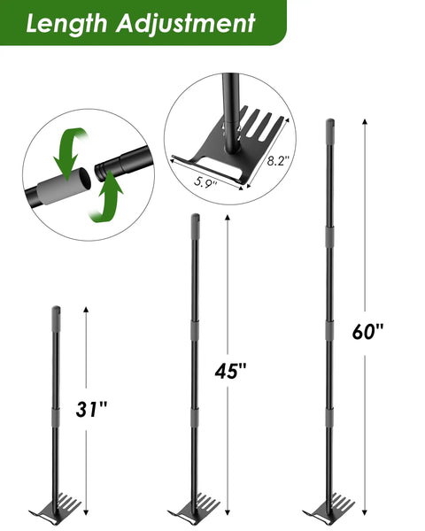 Length adjustment of 2-In-1 Garden Hoe With 60 Inch Adjustable Handle For Easy Weeding And Tilling, Sharp Blade And Rake Side