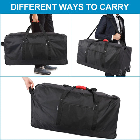 Finnhomy 120L foldable rolling duffel bag with 3 wheels and shoulder strap, black