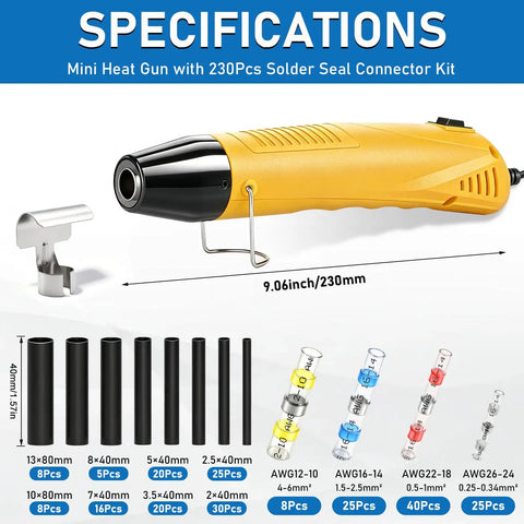 Pro Solder Seal Wire Connector Kit With 350W Mini Heat Gun And 230Pcs Waterproof Electrical Terminals, 230mm tool and tube sizes