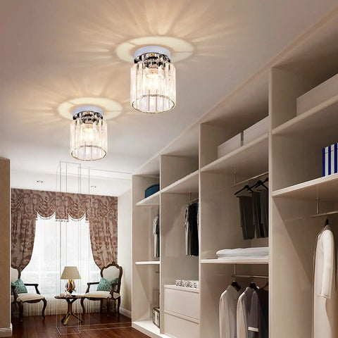 Room with 2 Pack Mini Semi Flush Mount Ceiling Lights With Clear Shade, Modern Crystal Ceiling Lamps For Indoor Use, illuminating a hallway.