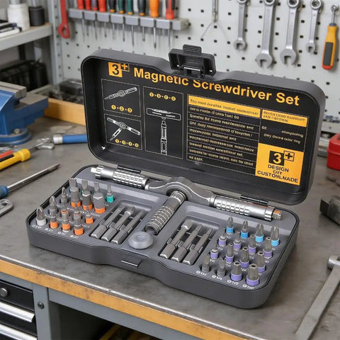 40 Piece Ratchet Tool Kit For Home And Professional Use With Magnetic Bits Detachable T Handle open case in workshop