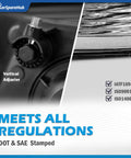 Close-up of quad hole headlight assembly with vertical adjuster and quality certifications for Dodge Ram trucks, meets regulations.