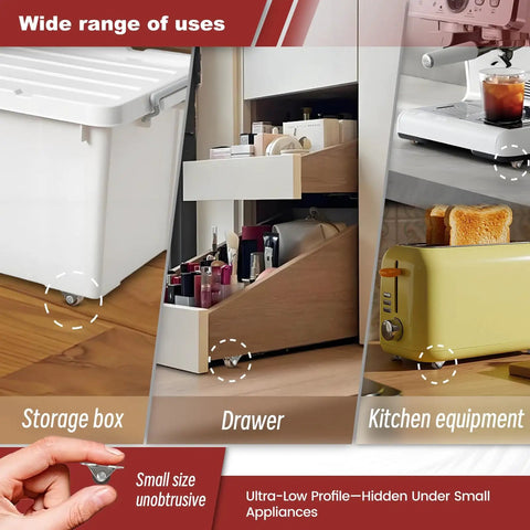 Image showing Tiny Fixed Drawer Casters 0.5 Inch Non Swivel Rubber Wheels used in storage box, drawer, and kitchen equipment.
