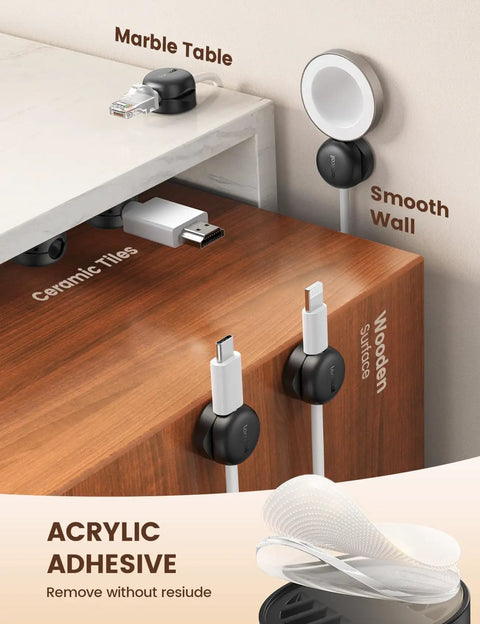 6 Pack Small Cable Clips For Desk And Nightstand - Compact Adhesive Wire Organizer with 8mm Slots used on various surfaces.