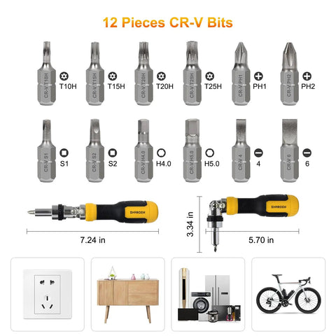 Ratcheting 13-In-1 Multi Bit Screwdriver Set with 12 CRV bits shown above, yellow ergonomic handle below.
