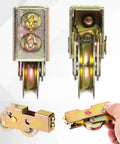 Replacement 4 Pack 1-1/4 Inch Sliding Door Rollers with Steel Ball Bearings, shown front, side, and hand-held views.
