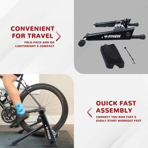 Steel Bicycle Trainer Stand With Fluid Magnetic Resistance For Indoor Cycling, Front Wheel Riser Block, Easy Clamp Shown in Use