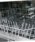 Inside view of a dishwasher showing grey 50 Piece Flexible Dishwasher Rack End Covers Tough Vinyl Caps For Prong Guard.