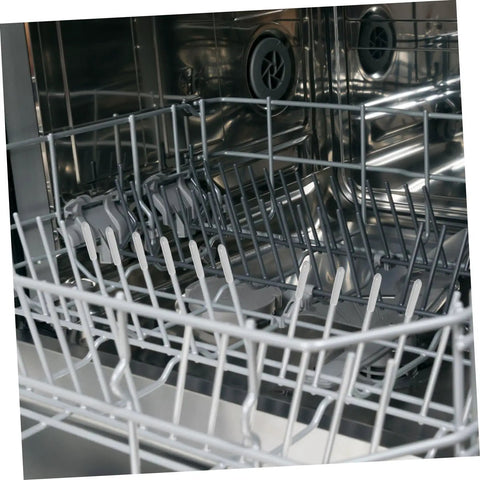 Inside view of a dishwasher showing grey 50 Piece Flexible Dishwasher Rack End Covers Tough Vinyl Caps For Prong Guard.