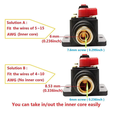 Inline Fuse Holder With Resettable Circuit Breaker For Car Audio Protection, 12V 24V DC, Push Button Reset, showing AWG measurements