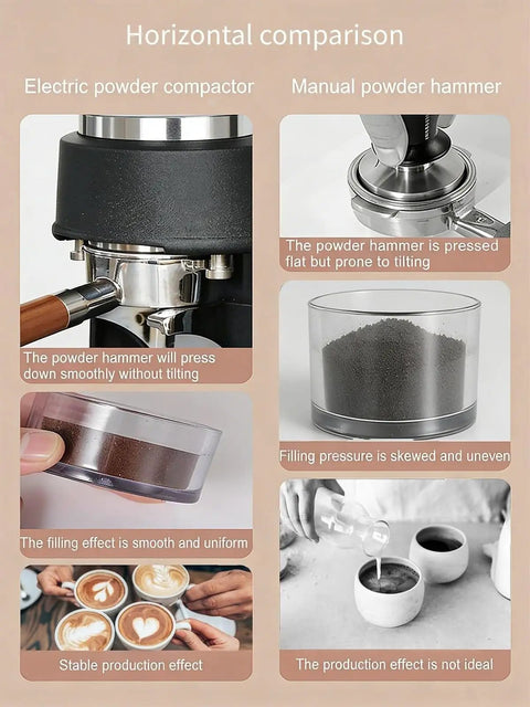Comparison of Bottomless Hassle Automatic Coffee Tamper Electric Espresso Press 58mm and manual powder hammer for coffee preparation.