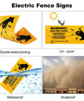 8 Pack Electric Fence Warning Signs 10 By 4 Inch Durable High Visibility Yellow And Black Signs For Farm Ranch Property Safety Warn Intruders Or Animals Easy Peel Adhesive Outdoor Weatherproof, double-sided PP plastic