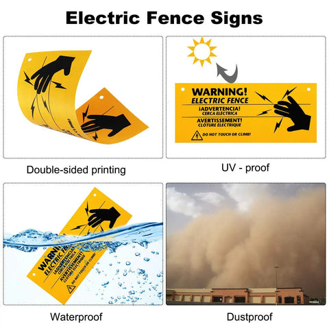 8 Pack Electric Fence Warning Signs 10 By 4 Inch Durable High Visibility Yellow And Black Signs For Farm Ranch Property Safety Warn Intruders Or Animals Easy Peel Adhesive Outdoor Weatherproof, double-sided PP plastic