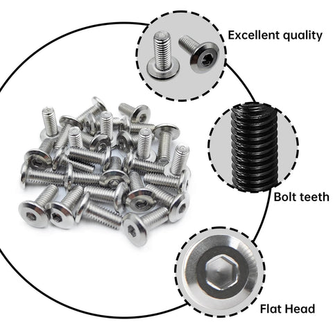 Beefy Heavy Duty M6 X 15mm Flat Head Hex Socket Cap Screws Bolts 30 Pcs In 304 Stainless Steel Black Zinc Plated Full Thread For Furniture Offices And Garages With Hex Spanner Included, showing close-up of bolt teeth and flat head.