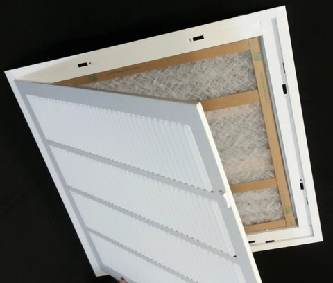 Sturdy 24 By 24 Inch Steel Return Air Grille With 1 Inch Filter Slot Easy Removable Face With Plastic Tabs White Flat Stamped Front HVAC Duct Cover For Quick Access And Clean Look shown open to reveal filter inside.