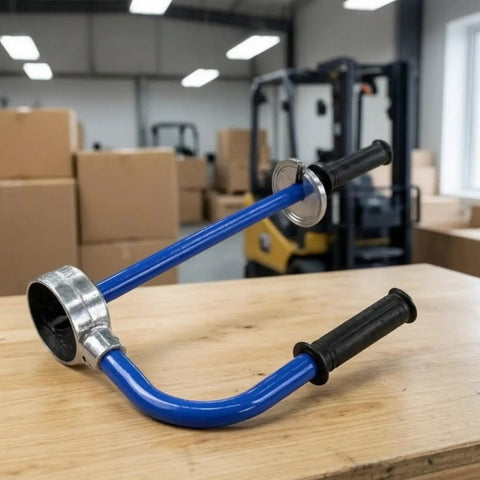 No Sweat Packing Heavy Duty Manual Stretch Film Dispenser Ergonomic Handheld Pallet Wrap Tool with knuckle saving grips on a wooden table.
