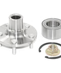 Front Wheel Hub Kit With Bearing Wheel Studs Snap Ring and Axle Nut Complete Replacement Assembly for Non Integral Wheel Hubs Restoring Smooth Operation and Precise Fit, showing components laid out.