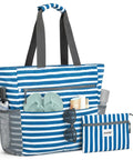 Waterproof Sandproof Beach Tote Bag With Large Capacity Two-In-One Foldable Design For Women Navy Stripe Includes Extra Small Purse