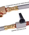 Extended Tank Drain Assembly Ten Inch Flexible Braided Steel Tube And One Quarter Inch Valve Drain Elbow Fitting close-up