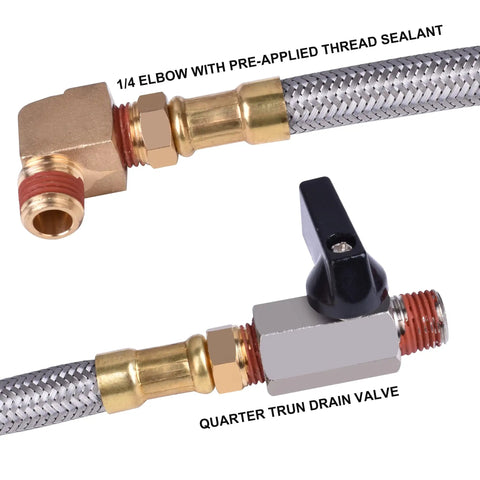 Extended Tank Drain Assembly Ten Inch Flexible Braided Steel Tube And One Quarter Inch Valve Drain Elbow Fitting close-up