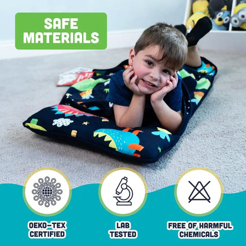 Toddler using Toddler Nap Mat With Pillow For Daycare And Travel Soft Cozy Portable Kid-Friendly And Machine Washable Fits Up To 43 Inches