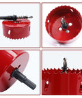 Front view of red 6.1-inch bi-metal hole saw with arbor and pilot drill bit for wood, drywall, plastic.