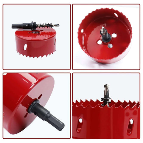 Front view of red 6.1-inch bi-metal hole saw with arbor and pilot drill bit for wood, drywall, plastic.
