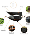 Diagram of All In One Camping Hammock With Mosquito Net And Rain Fly Tarp showing components and setup features.