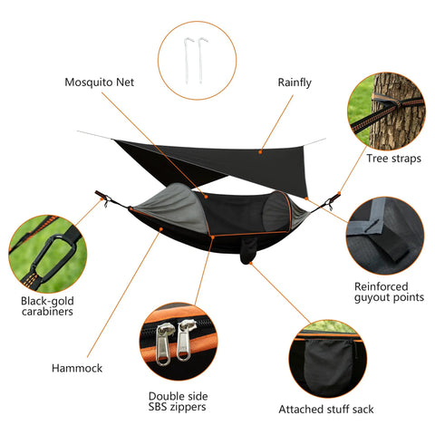 Diagram of All In One Camping Hammock With Mosquito Net And Rain Fly Tarp showing components and setup features.