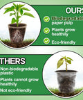 Comparison between biodegradable peat pot and plastic pot showing plant growth and eco-friendliness.