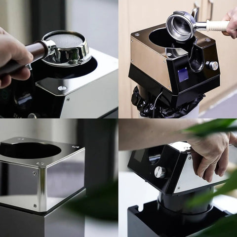 Electric Portafilter Cleaner Automatic Espresso Puck Sucker With Smart Sensor Induction and Three Durable Brush Heads shown in use.