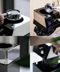 Electric Portafilter Sucker Absolutely Nukes Espresso Pucks Clean In Seconds With Three Swap Out Brushes And Smart Sensing Tech, showing close-ups of the stainless steel portafilter basket and control panel.