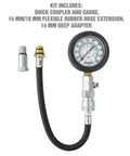 Garage Ready Compression Tester Gauge Set for Cars and Trucks with flexible hose, 14mm and 18mm adapters, and pressure gauge.