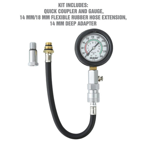 Garage Ready Compression Tester Gauge Set for Cars and Trucks with flexible hose, 14mm and 18mm adapters, and pressure gauge.