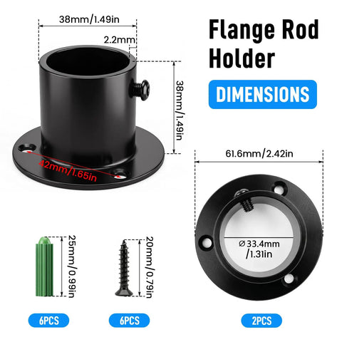Stainless Steel One And A Quarter Inch Flange Rod Holder End Bracket For Shower Pole And Closet Rod With Screws Matte Black Built To Last Heavy Duty Mount Kit For Bathroom Wardrobe Laundry Room Two Pack Easy Install, dimensions shown