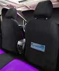 Rear view of car interior with Leather Seat Covers Full Set For SUV Sedan And Van Water Resistant with purple black design.