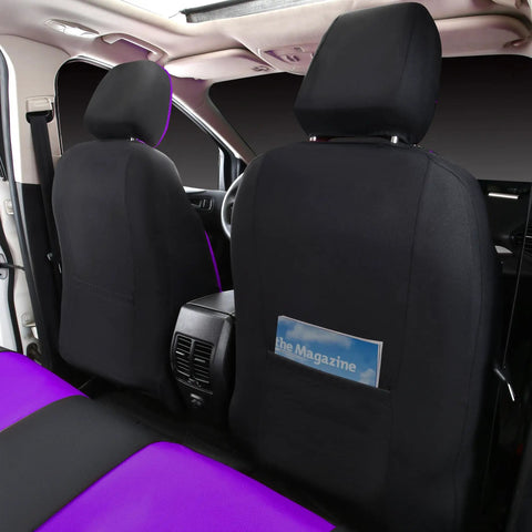 Rear view of car interior with Leather Seat Covers Full Set For SUV Sedan And Van Water Resistant with purple black design.