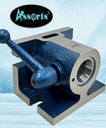 Heavy Duty 5C Collet Holding Fixture With Quick Release Lever Design For Horizontal Or Vertical Machining Setup and rock solid workpiece clamping grip around the shop floor, shown with steel frame.