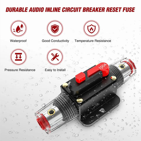 100A Inline Circuit Breaker With No Fuss Manual Reset For 12 To 24V DC Systems, Rugged Fuse Holder, Push Button Reset, Auto Protection For Cars Boats ATVs And Off Road Gear. Waterproof inline circuit breaker with red manual reset button, black housing