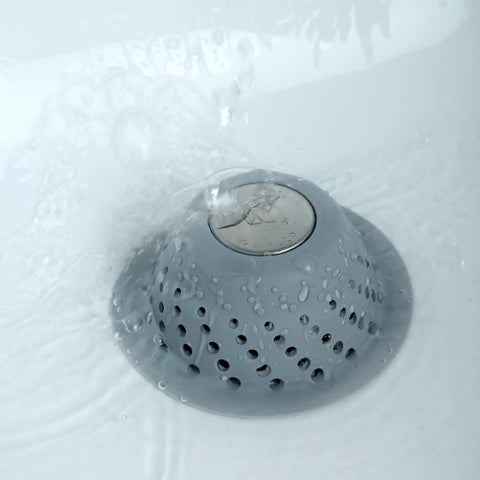 Gray Over Drain Dome Hair Catcher Protector for Shower and Tub Keeps Water Flowing with Silicone and Stainless Steel Design